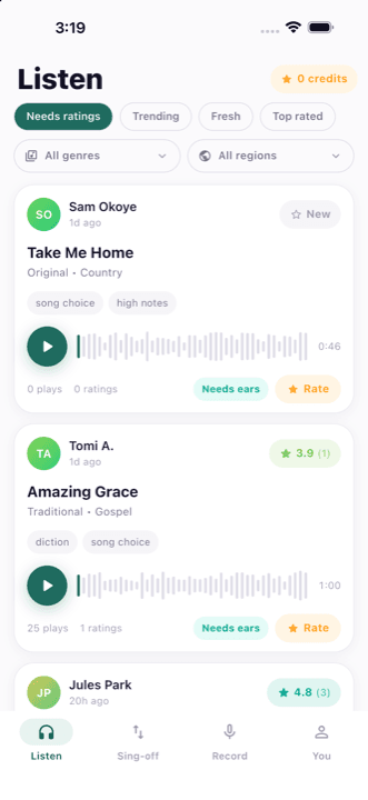 The Listen feed, showing takes that still need ratings