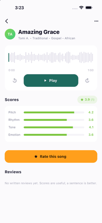 A song page with scores for pitch, rhythm, tone and emotion