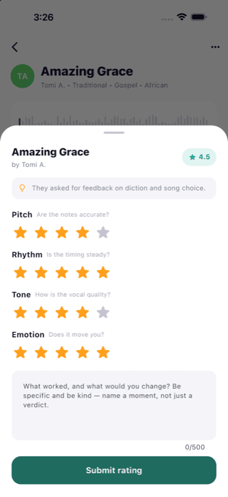 The rating sheet, with a star row per axis and a written review