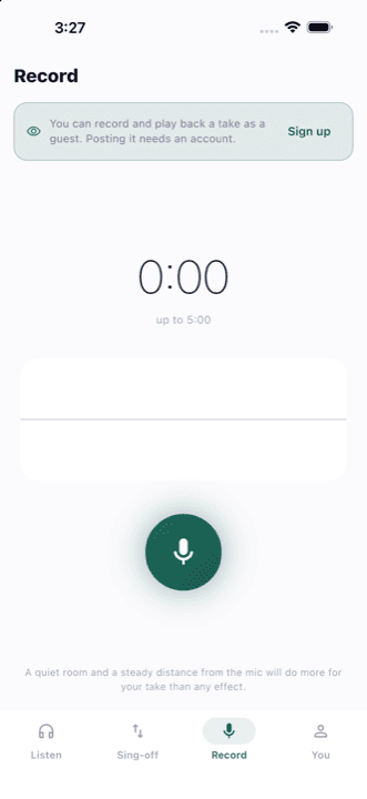 The record screen, with a microphone button and a five-minute limit